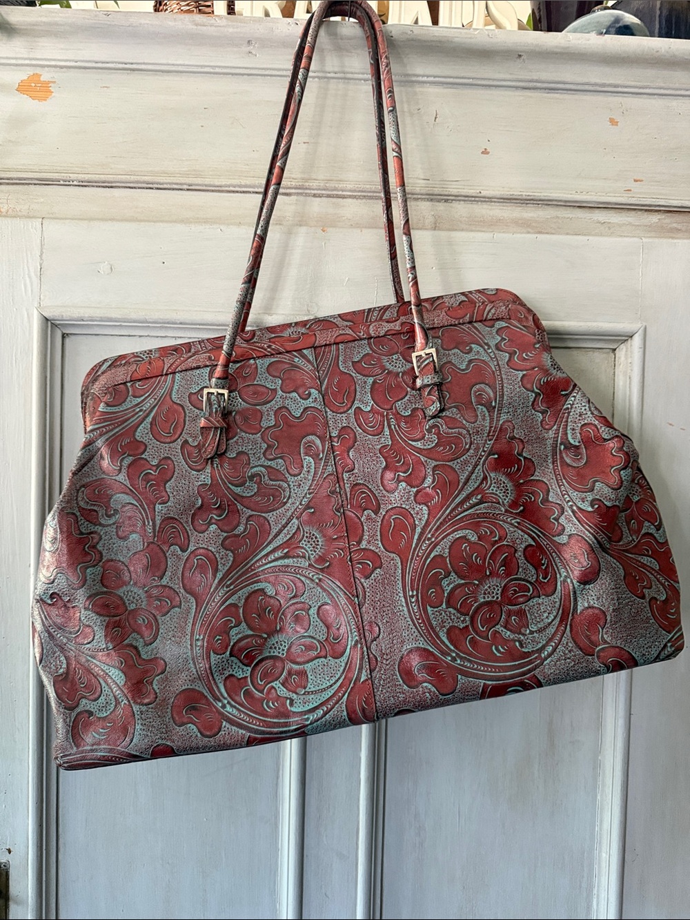 Vintage Wilsons Leather Pelle Studio Burgundy Embossed Floral Tote